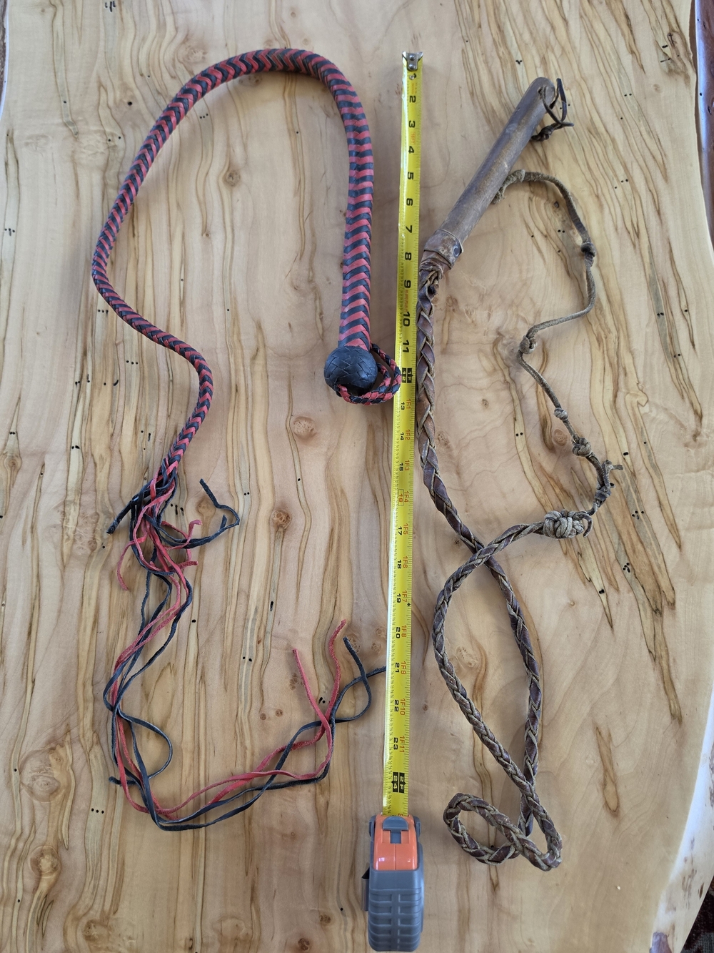 Handmade Braided Bullwhips with Wrist Straps - Red & Black - Tan Set/2 Vintage
